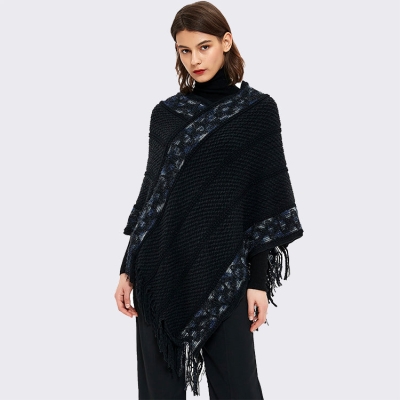 Pullover Shawl Striped Solid Color Poncho Tassel Knitted Sweater Coat