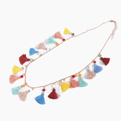 Long Bohemian Tassel Necklace 31" Handmade Necklace with Cotton Tassel Pendant for Women