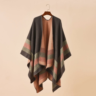 Striped Fringe Poncho Sweater Winter Ruana Warm Imitation Cashmere Shawl Cape