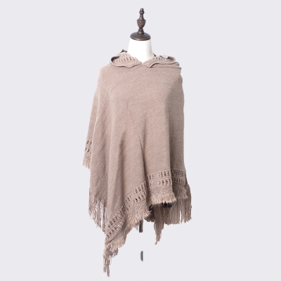 Fringed Hem Hooded Cape, Knitted Pattern Crochet Shawl Cape For Women