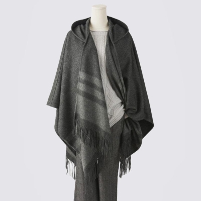   Hooded Long Wool Cape  Fringe Trim Wool Cloak Poncho 100% Pure Wool