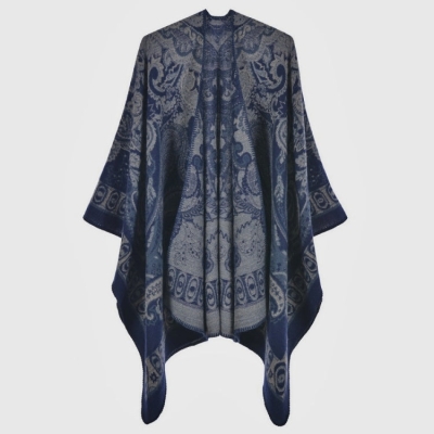   Knit Jacquard Cape Open Front Poncho Retro Floral Pattern Shawl Wrap Knit Ruana