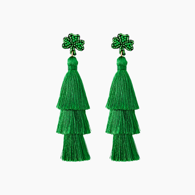Green Tassel Earrings Seed Bead Green Leaf Style Handmade Earrings
