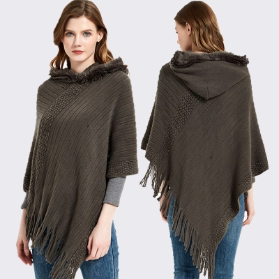   Knit Hooded Cape Striped Solid Color Shawl Tassel Poncho For Women