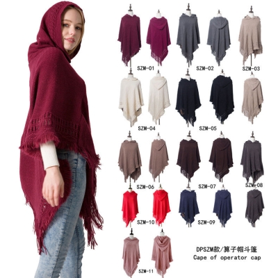 Fringed Hem Hooded Cape, Knitted Pattern Crochet Shawl Cape For Women
