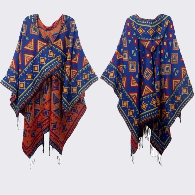   Bohemian Vintage Blue Hooded Poncho Warm Knitted Tassel Shawl Poncho