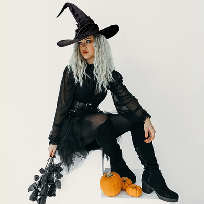 Women Halloween Witch Hat Black Pleated Wizard Hat Top Hat for Halloween Party