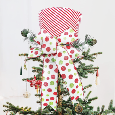   Christmas Tree Topper Hat Red Bow Extended Ribbon Xmas Tree Ornament for Winter Holiday Decor