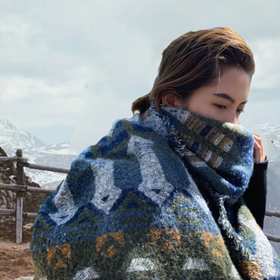   Women's Winter Travel Ethnic Style Scarf Thickened Warm Knitted Shawl Blanket Dual Use