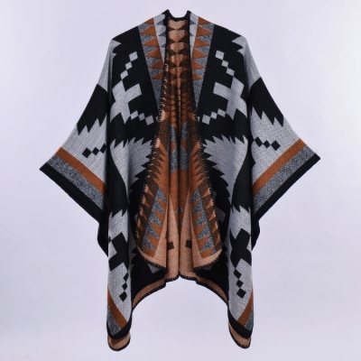 Colorblock Imitation Cashmere Poncho Knitted Shawl Wrap Classic Travel Cape Ruana