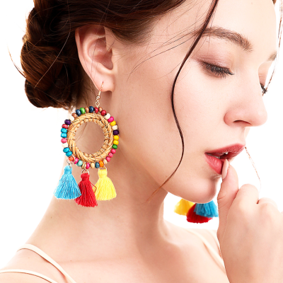 Handmade Rattan Tassels Earrings Bohemian Wooden Bead Dangle Drop Earrings