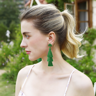 Green Tassel Earrings Seed Bead Green Leaf Style Handmade Earrings