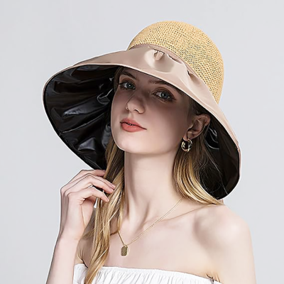 Foldable Anti-UV Ribbon Pouch Sun Hat Wide Brim Hat Ear Protection for Travel Vacation