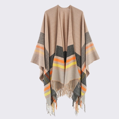   Knit Shawl Cloak Stripe Poncho Popular Ruana Warm Extended Thickened Shawl Cardigan