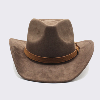   Western Suede Cowboy Hat Wide Brim Outdoor Suede Jazz Fedora Hat with Belt Buckle Band