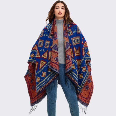   Bohemian Vintage Blue Hooded Poncho Warm Knitted Tassel Shawl Poncho