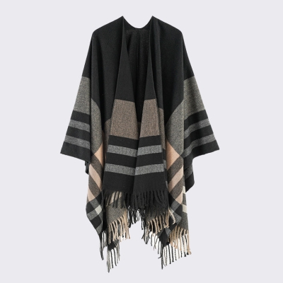   Knit Shawl Cloak Stripe Poncho Popular Ruana Warm Extended Thickened Shawl Cardigan