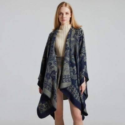   Knit Jacquard Cape Open Front Poncho Retro Floral Pattern Shawl Wrap Knit Ruana