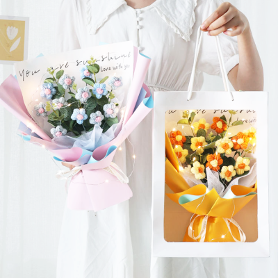 Crochet Puff Flower Bouquet, Hand Knitted Artificial Flora Decor, Free Gift Wrap Bag
