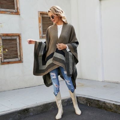 Striped Fringe Poncho Sweater Winter Ruana Warm Imitation Cashmere Shawl Cape