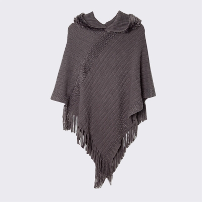   Knit Hooded Cape Striped Solid Color Shawl Tassel Poncho For Women