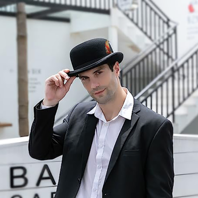 Men's Bowler Derby Hat 100% Wool with Feather Black Derby Hat Satin Lined