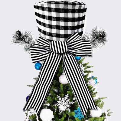   Christmas Tree Topper Hat with Bow, Xmas Decoration Black Stripes Top Hat Ornament