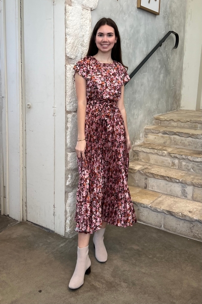 Demetria Flutter Sleeve Midi Dress in Burgundy