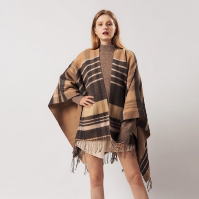   Classic Plaid Shawls And Wraps, Thickened Fringe Trim Poncho Sweater For Women