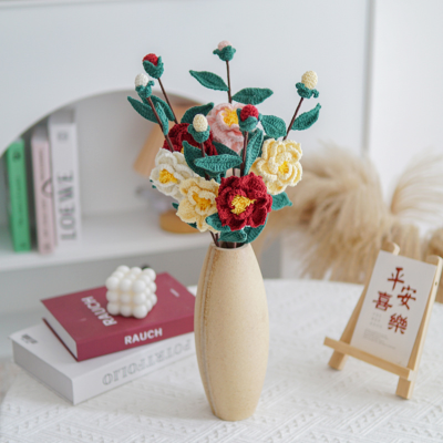 Crochet Camellia Flower Bouquet, Handmade Knitted Flower Ornaments