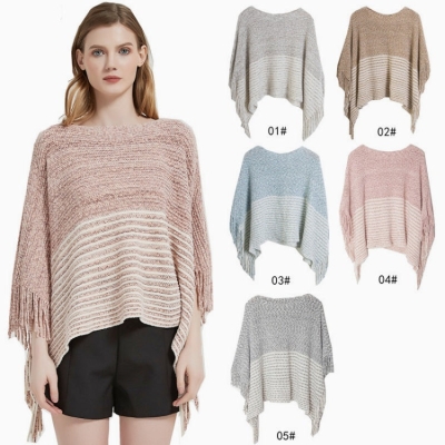   Tassel Shawl For Women Bat Sleeve Poncho Pullover Striped Cape Sweater