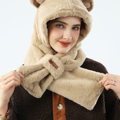Autumn And Winter Bear Scarf Hooded All-In-One Warm Plush Cute Ear Protection And Neck Protection