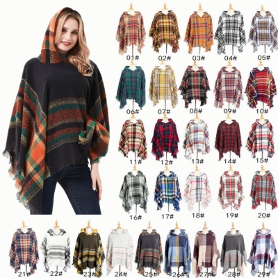   Check Cape Winter Hooded Shawl Sweater Christmas Ladies Plaid Oversize Poncho