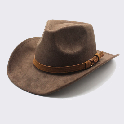   Western Suede Cowboy Hat Wide Brim Outdoor Suede Jazz Fedora Hat with Belt Buckle Band