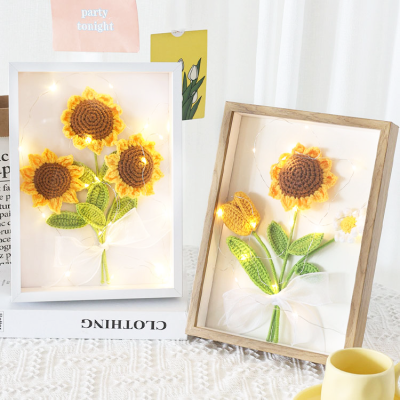 Wooden Picture Frame Crochet Sunflower Bouquet with Gift Bag, Knitted Artificial Flora