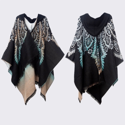   Imitation Cashmere Shawl Poncho Peacock Jacquard Black And Blue Hooded Shawl Cloak