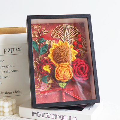   Handmade Crochet Rose Sunflower Bouquet Photo Frame, Home Decoration Gift