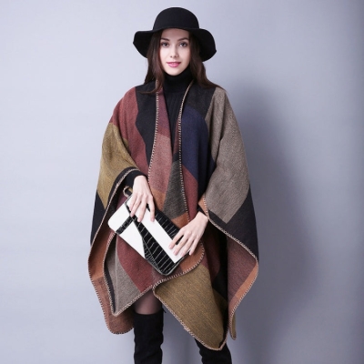 Colorblock Imitation Cashmere Poncho Knitted Shawl Wrap Classic Travel Cape Ruana