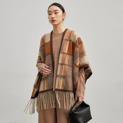 Wool Blend Cape Sweater Fringe Check Poncho Open Front Shawl Wrap