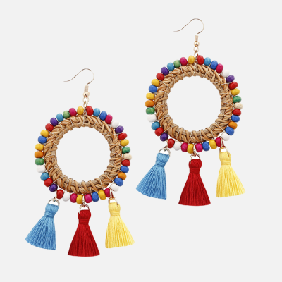 Handmade Rattan Tassels Earrings Bohemian Wooden Bead Dangle Drop Earrings