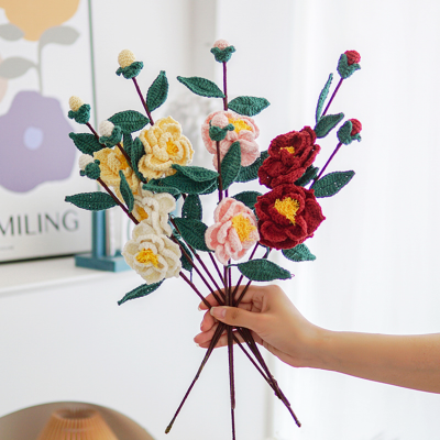 Crochet Camellia Flower Bouquet, Handmade Knitted Flower Ornaments