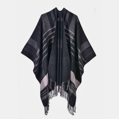   Classic Plaid Shawls And Wraps, Thickened Fringe Trim Poncho Sweater For Women