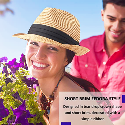   Parent child Unisex Summer Panama Straw Fedora Hat Short Brim Roll Up Beach Sun Cap