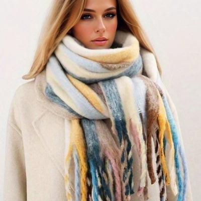   Rainbow Color-Blocked Striped Scarf Winter Soft And Waxy Wrap Feeling Enlarged Shawl