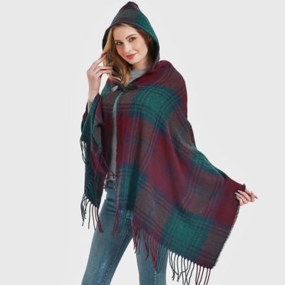   Check Hooded Cape Knitted Poncho Sweater Ladies Fringe Shawl Wrap