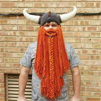   Men Funny Hat Viking Beard Beanie Horn Hat Long Beard Hats Winter Knit Wool Warm Cap