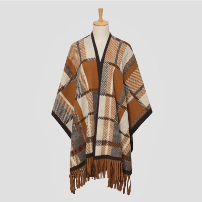 Wool Blend Cape Sweater Fringe Check Poncho Open Front Shawl Wrap
