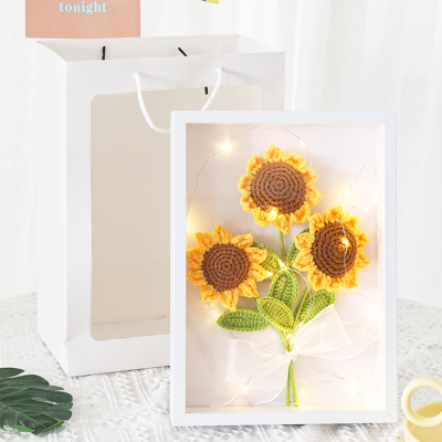 Wooden Picture Frame Crochet Sunflower Bouquet with Gift Bag, Knitted Artificial Flora