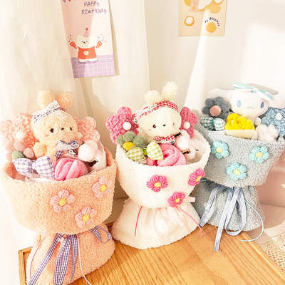 Crochet Doll Bouquet with Gift Bag, Home Decor, Hand Knitted Artificial Flowers
