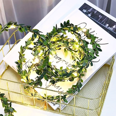 Christmas Decorative Wreath, Artificial Green Leaves with Copper Wire LED Lights, USB Rechargeable